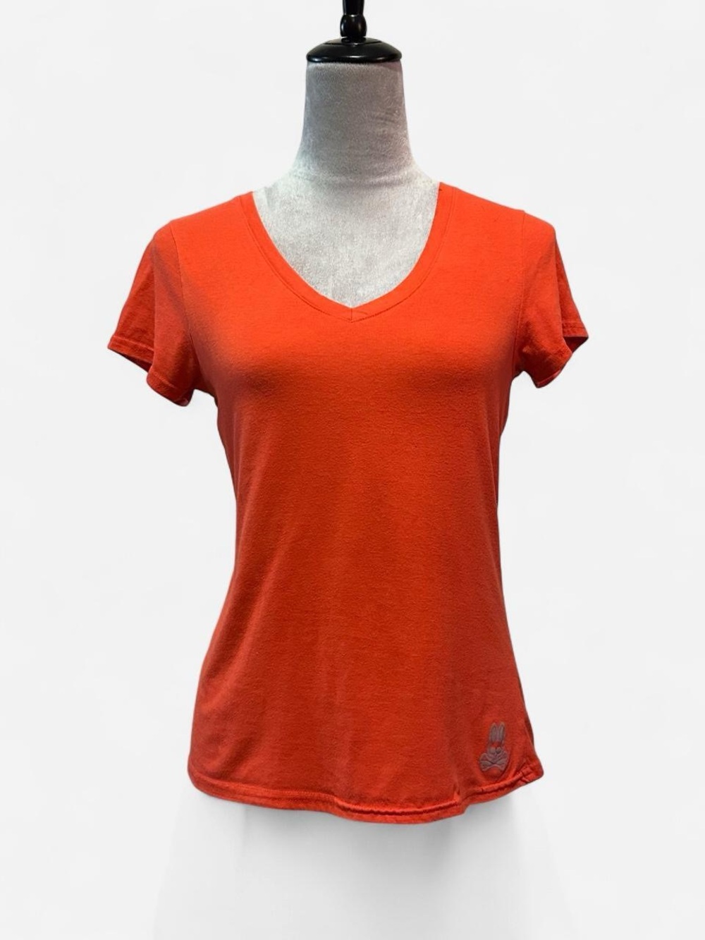 Psycho Bunny Bright Orange Cotton V-Neck Graphic T-Shirt Sleeve Logo Tag
